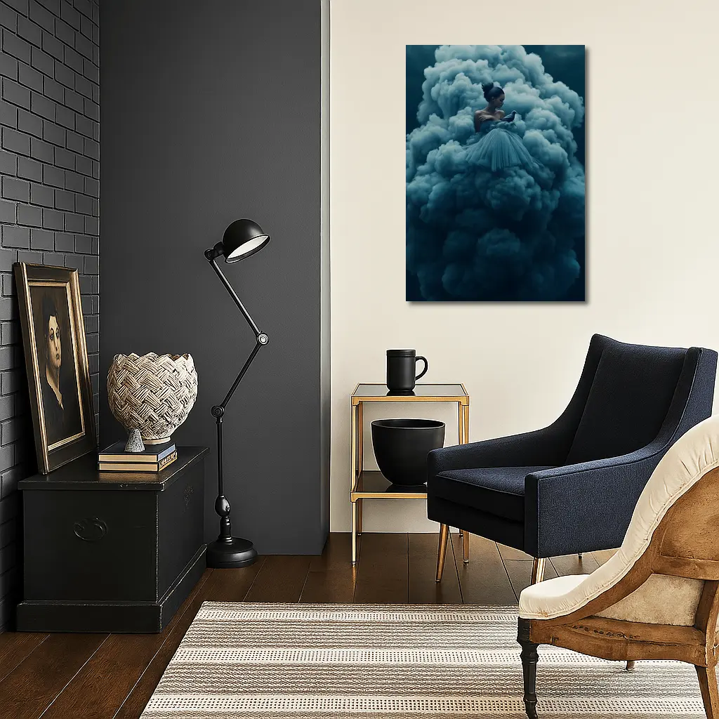 Woman in Blue Gown Surrounded by Clouds – Wall Art