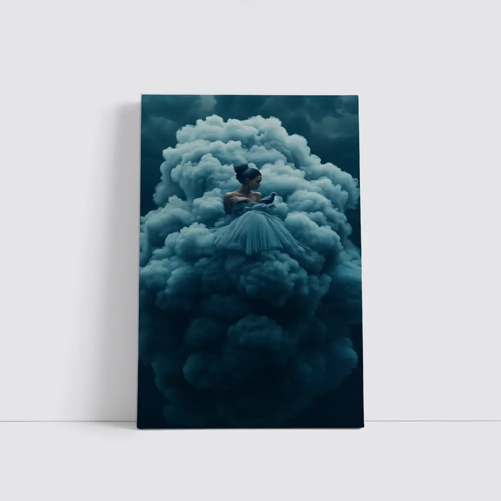 Woman in Blue Gown Surrounded by Clouds – Wall Art