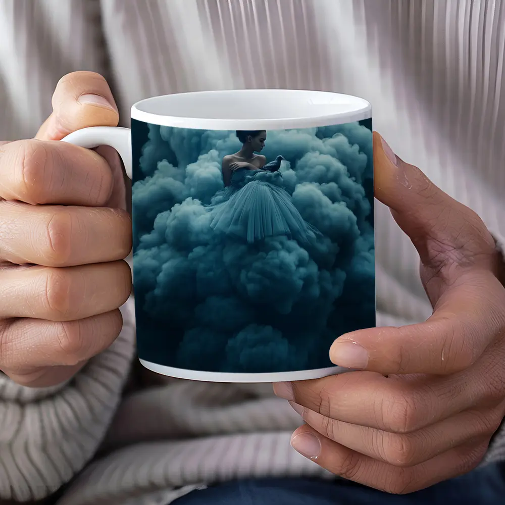 Woman in Blue Gown Surrounded by Clouds – Mugs