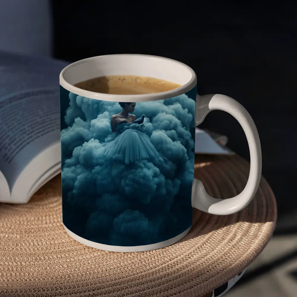 Woman in Blue Gown Surrounded by Clouds – Mugs