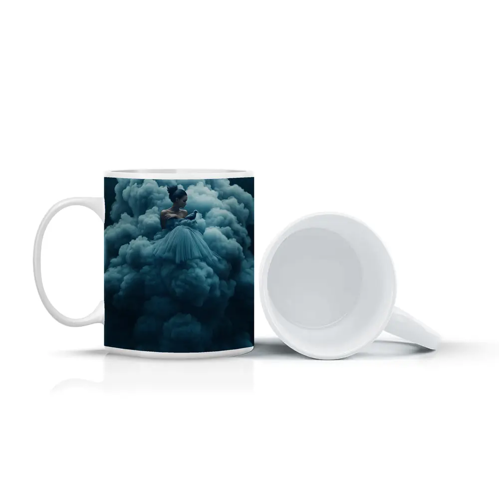 Woman in Blue Gown Surrounded by Clouds – Mugs