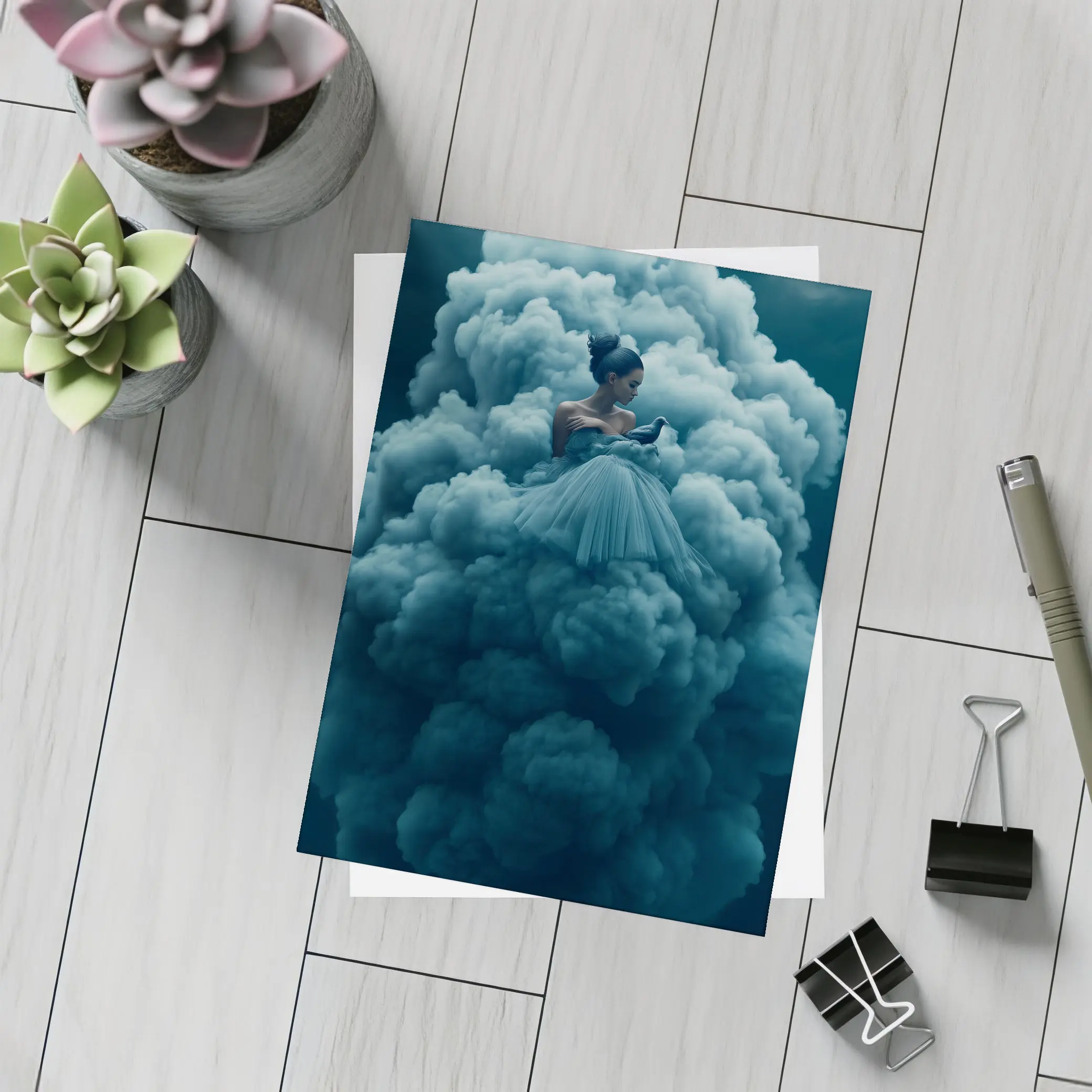 Woman in Blue Gown Surrounded by Clouds – Postcards