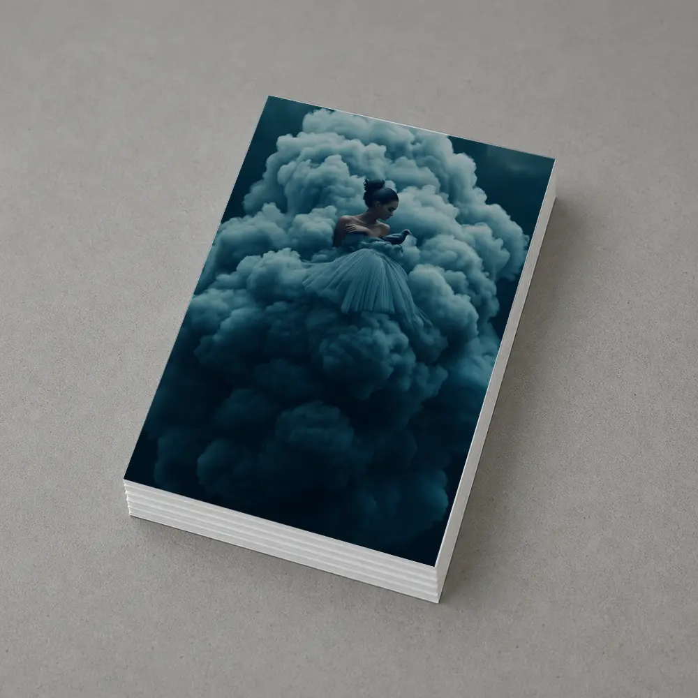 Woman in Blue Gown Surrounded by Clouds – Postcards