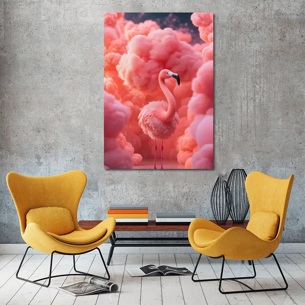 Pink Flamingo Surrounded by Fluffy Pink Clouds – Wall Art