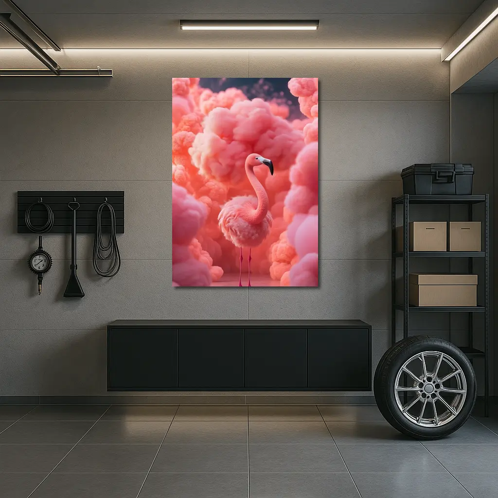 Pink Flamingo Surrounded by Fluffy Pink Clouds – Wall Art