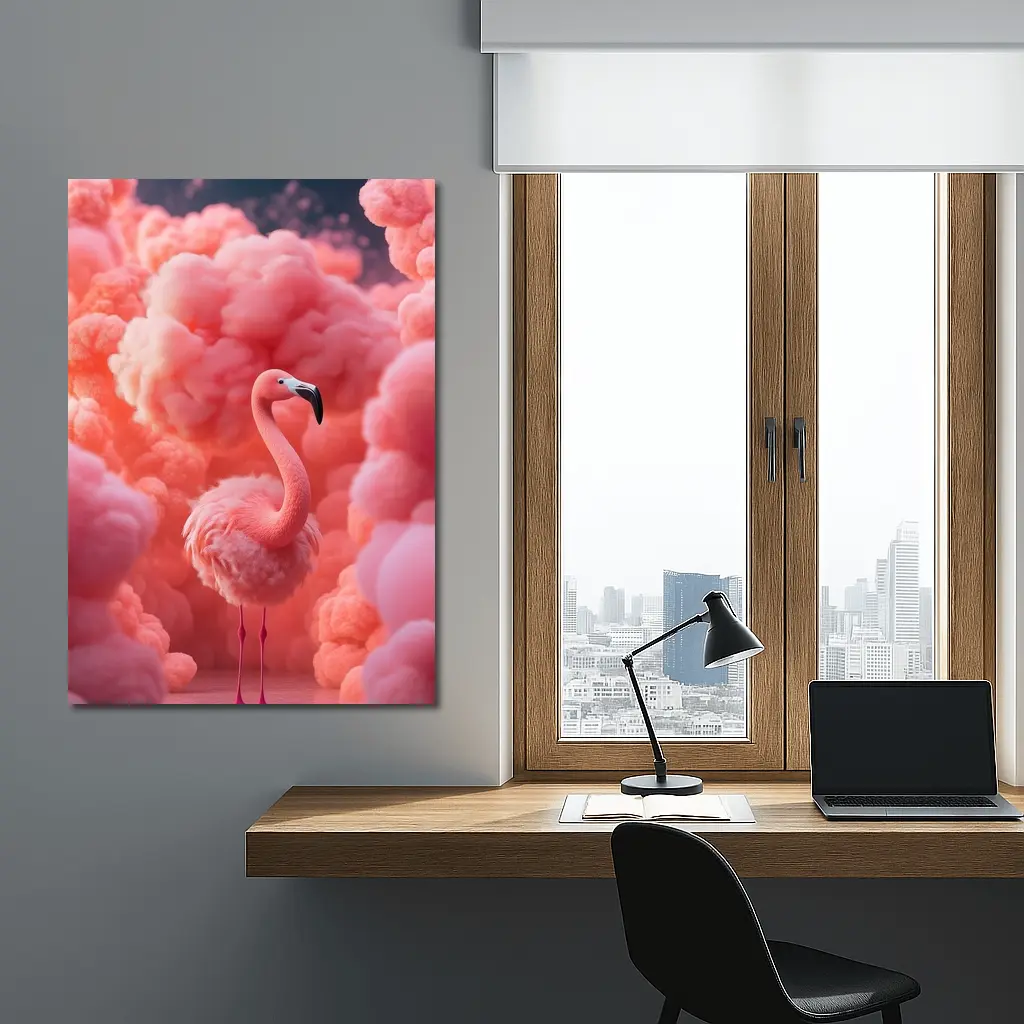 Pink Flamingo Surrounded by Fluffy Pink Clouds – Wall Art