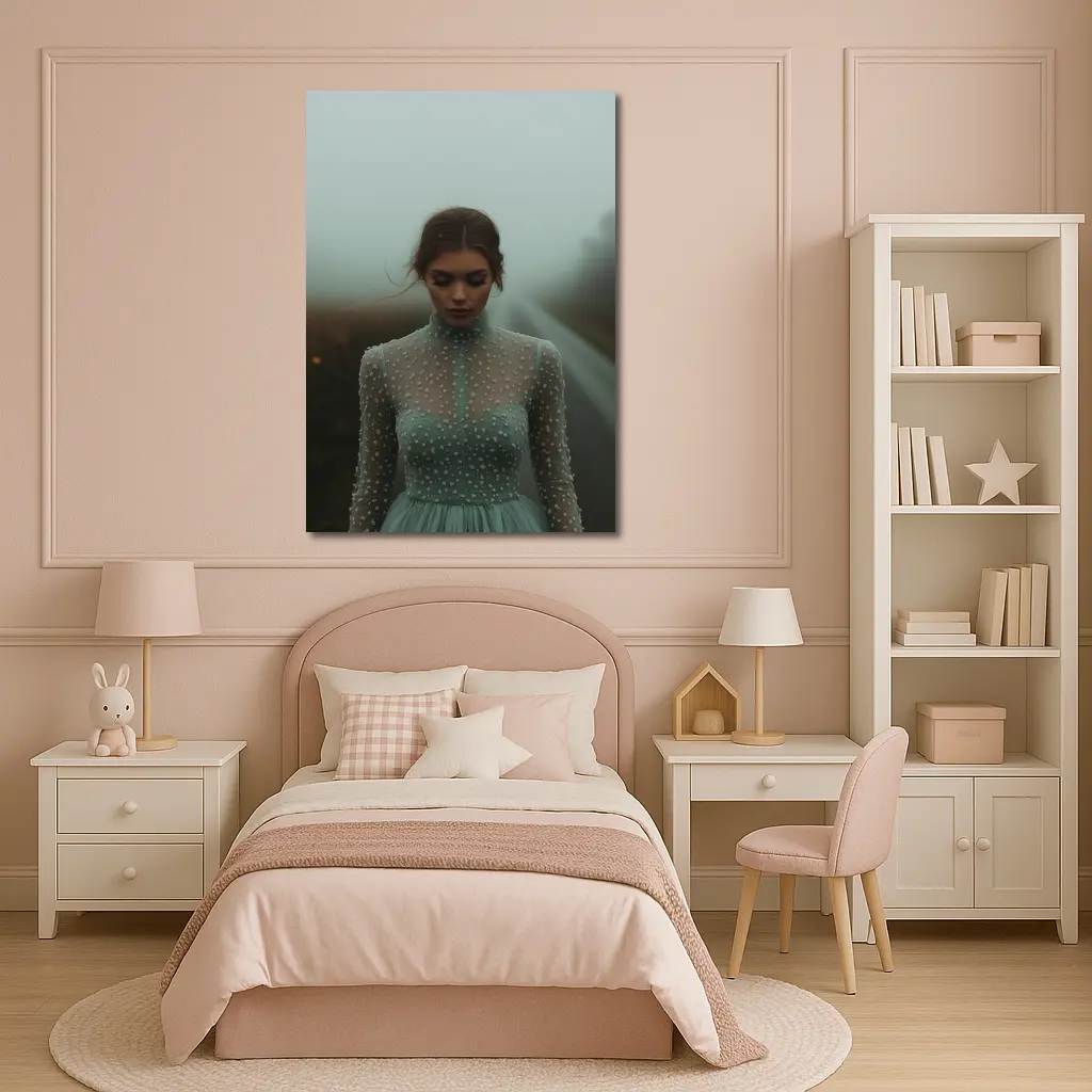 Woman Sage Green Dress Foggy Road – Wall Art