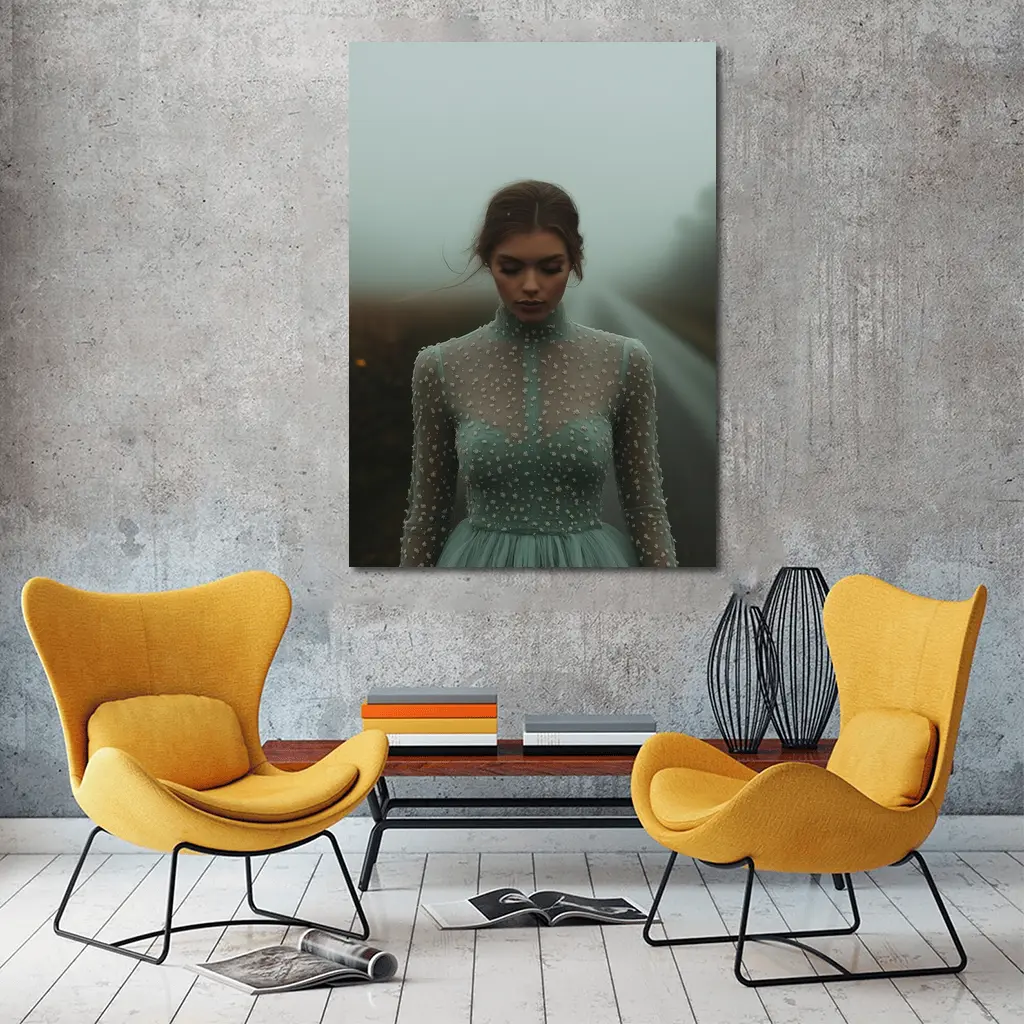 Woman Sage Green Dress Foggy Road – Wall Art