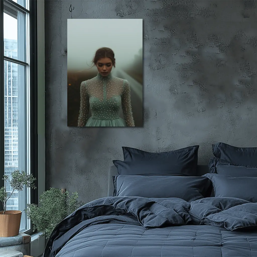 Woman Sage Green Dress Foggy Road – Wall Art