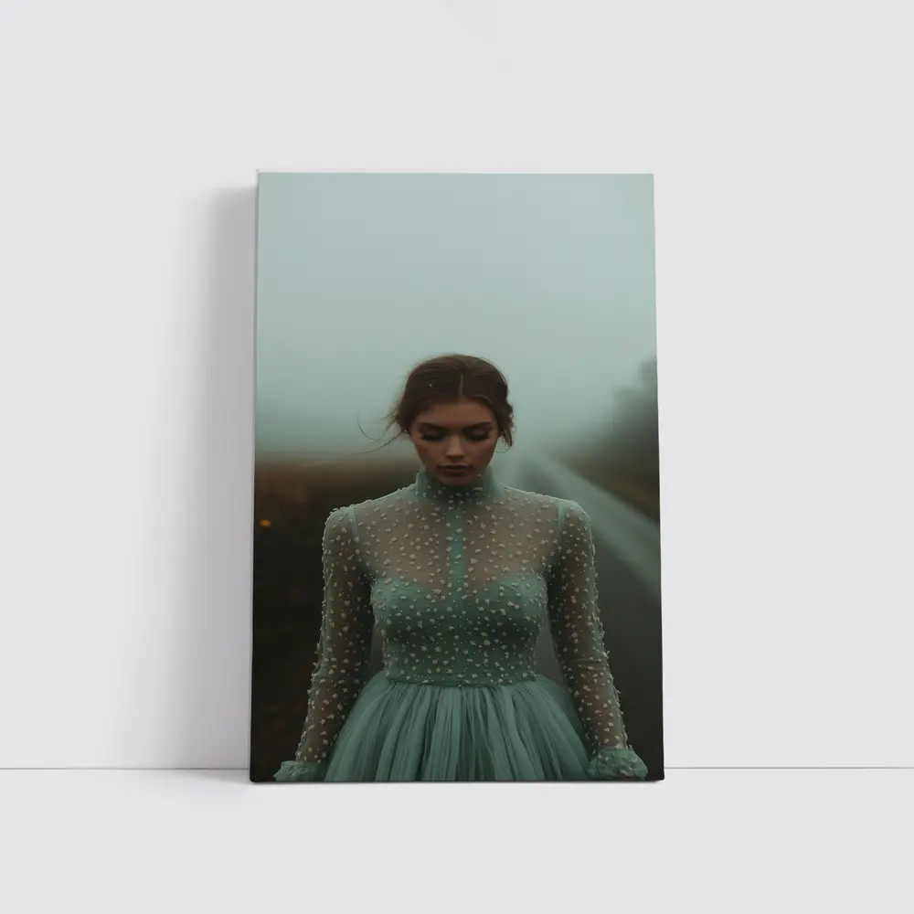 Woman Sage Green Dress Foggy Road – Wall Art