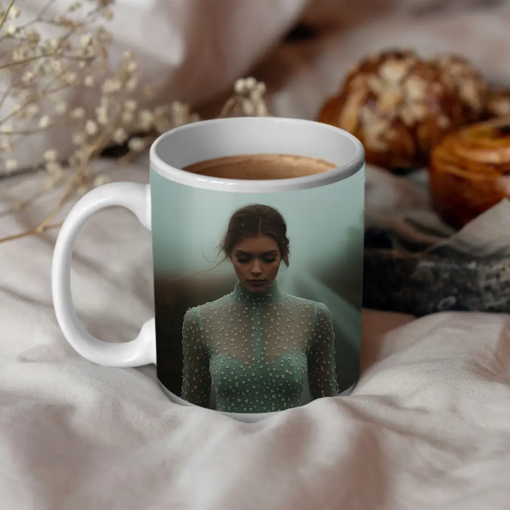 Woman Sage Green Dress Foggy Road – Mugs