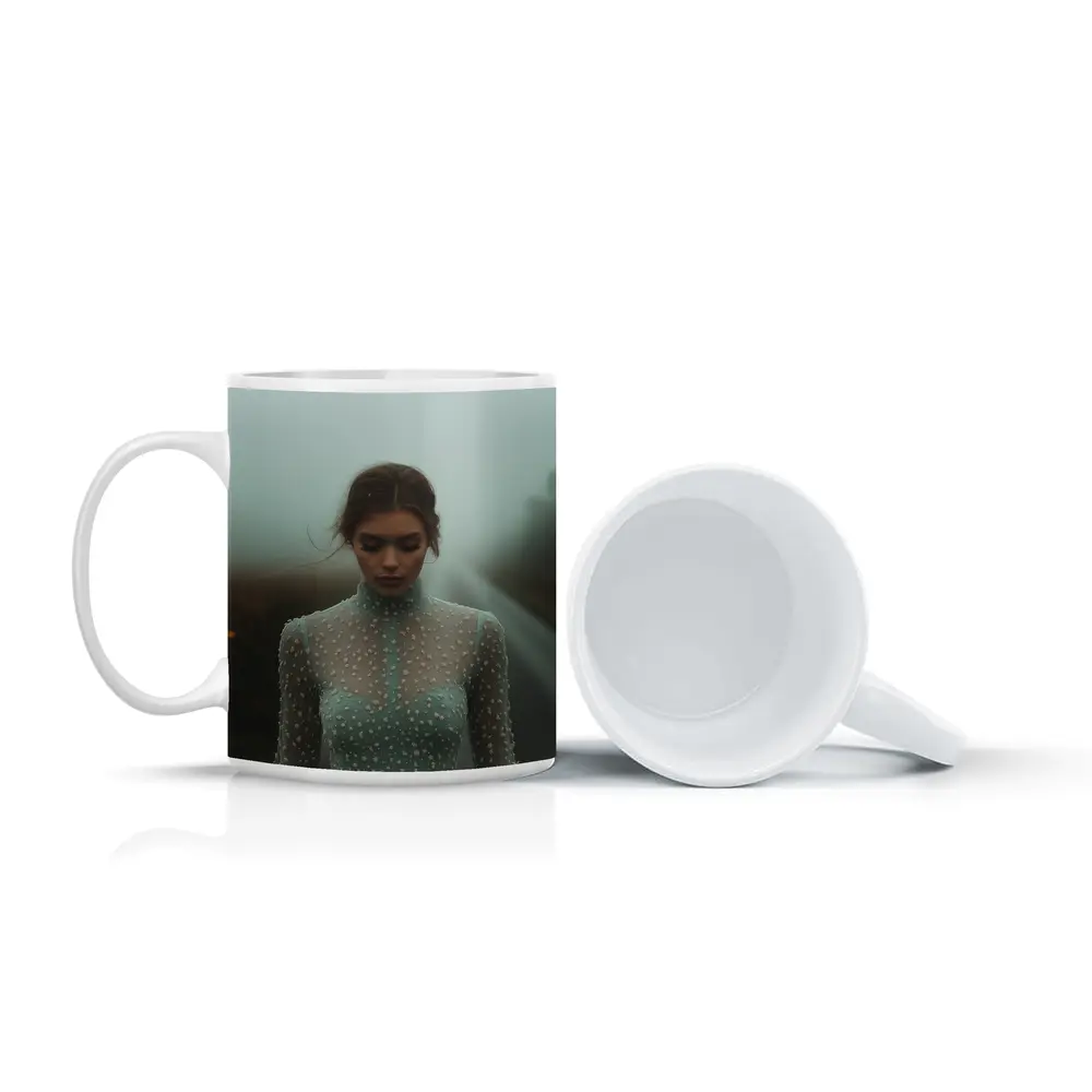 Woman Sage Green Dress Foggy Road – Mugs