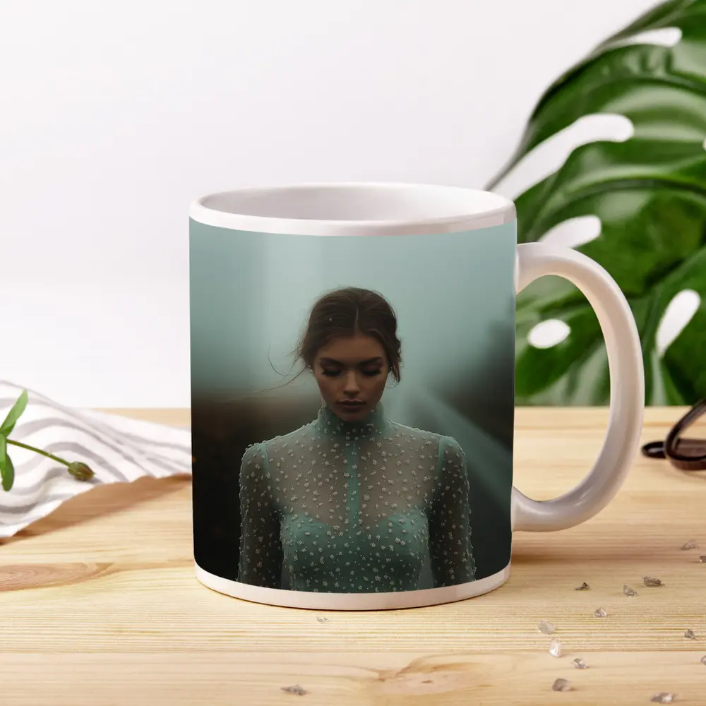 Woman Sage Green Dress Foggy Road – Mugs