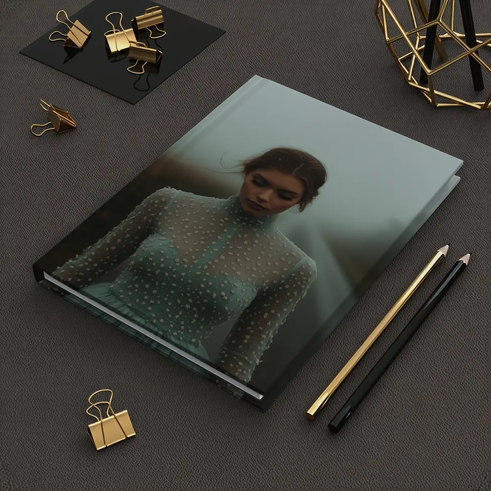 Woman Sage Green Dress Foggy Road – Notebooks