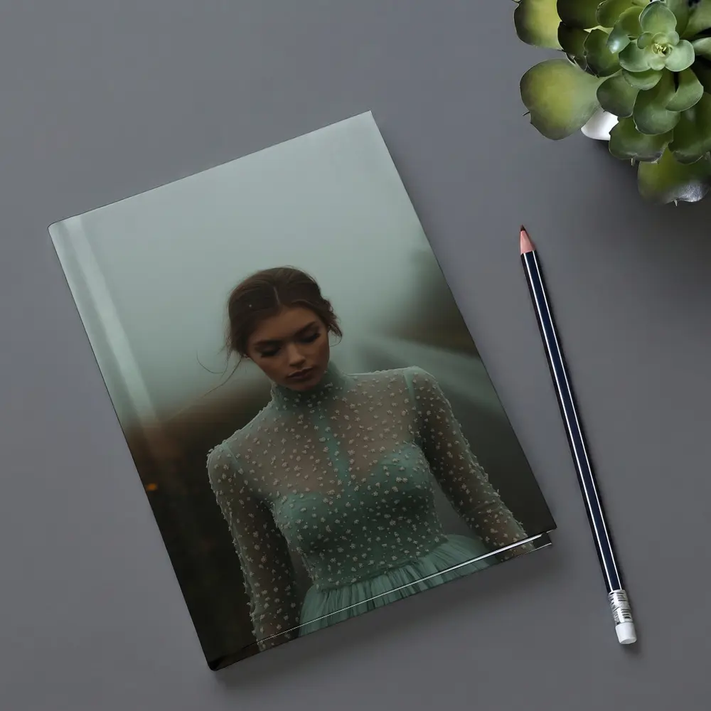 Woman Sage Green Dress Foggy Road – Notebooks