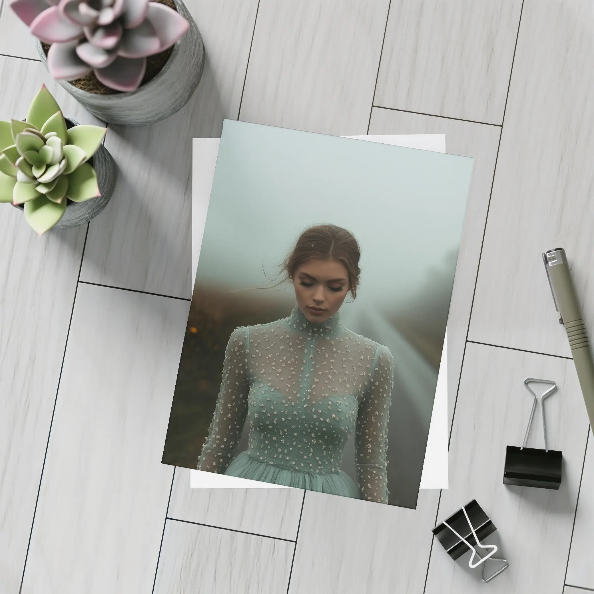 Woman Sage Green Dress Foggy Road – Postcards