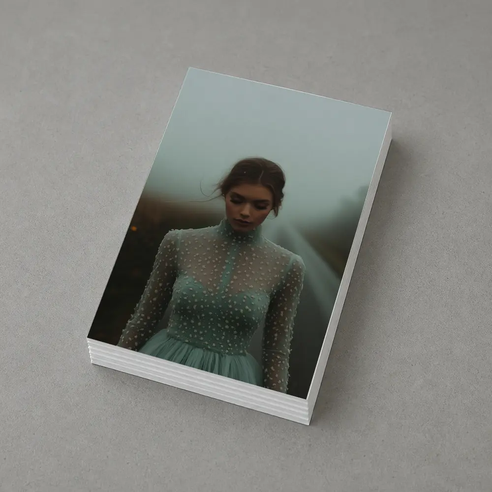 Woman Sage Green Dress Foggy Road – Postcards