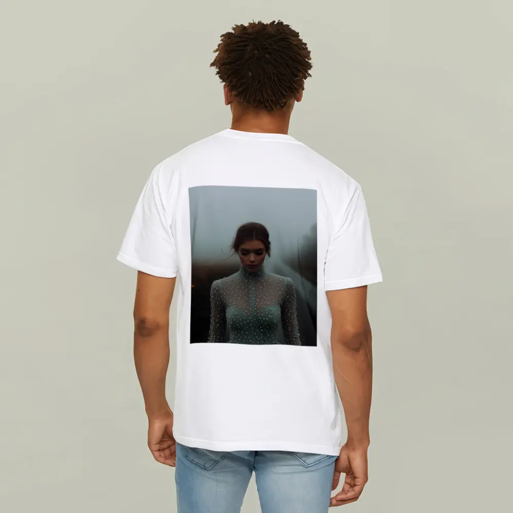 Woman Sage Green Dress Foggy Road – T-Shirts