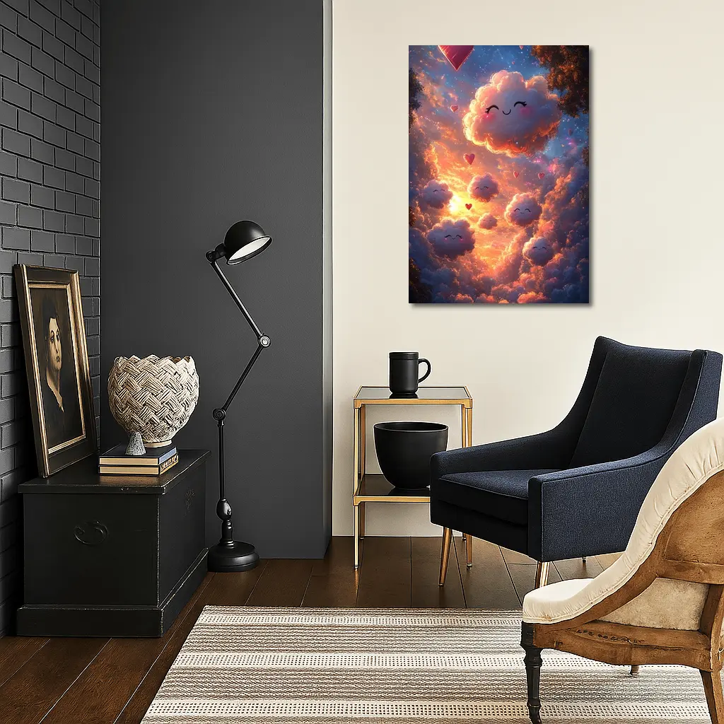 Cute Smiling Clouds Hearts Sunset Sky – Wall Art