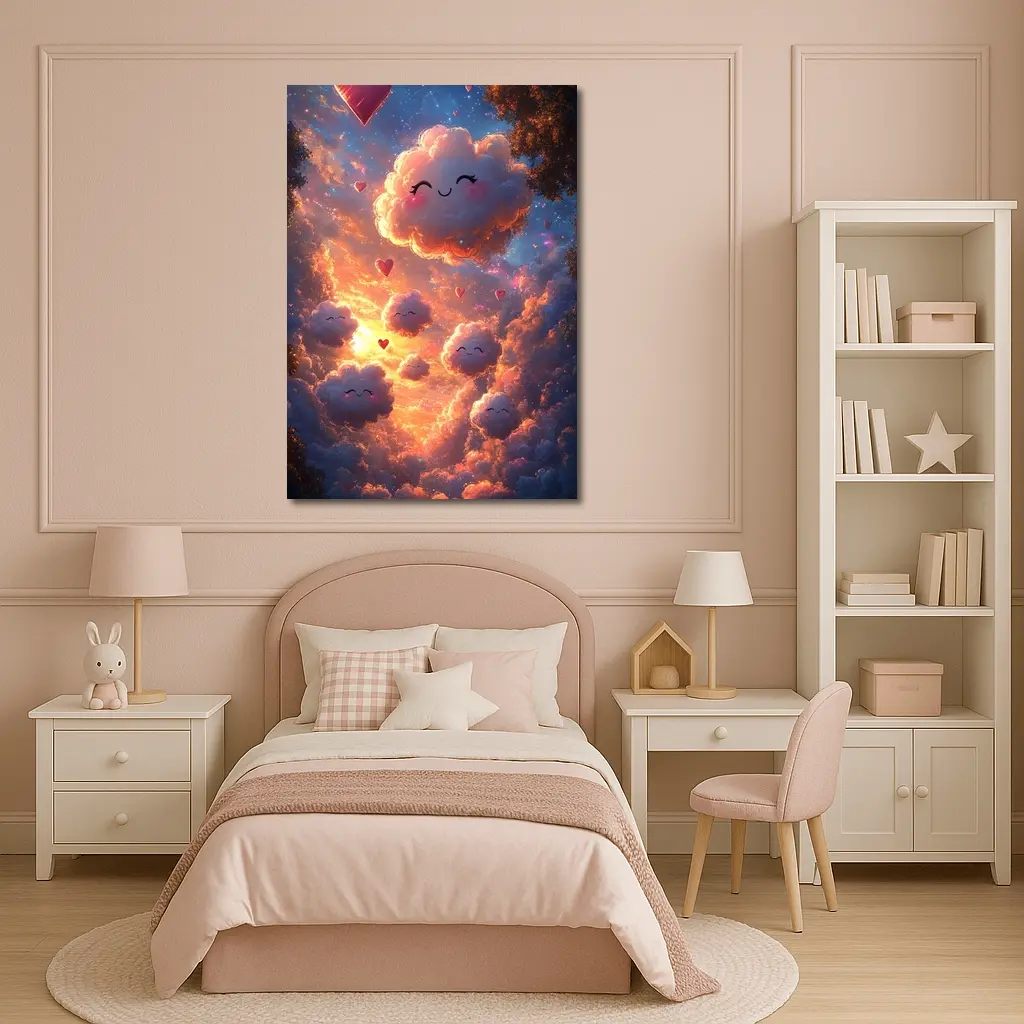 Cute Smiling Clouds Hearts Sunset Sky – Wall Art