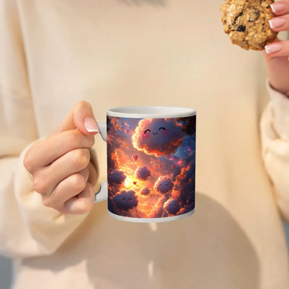 Cute Smiling Clouds Hearts Sunset Sky – Mugs
