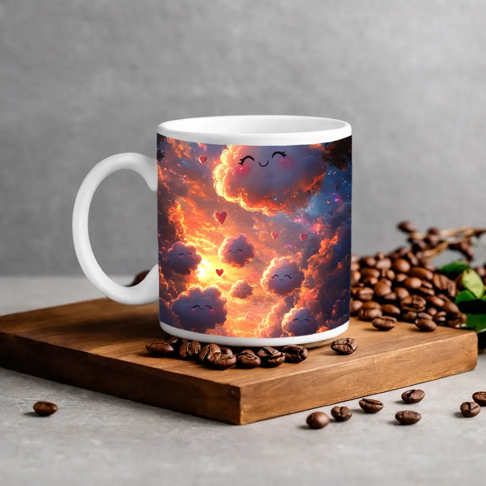 Cute Smiling Clouds Hearts Sunset Sky – Mugs