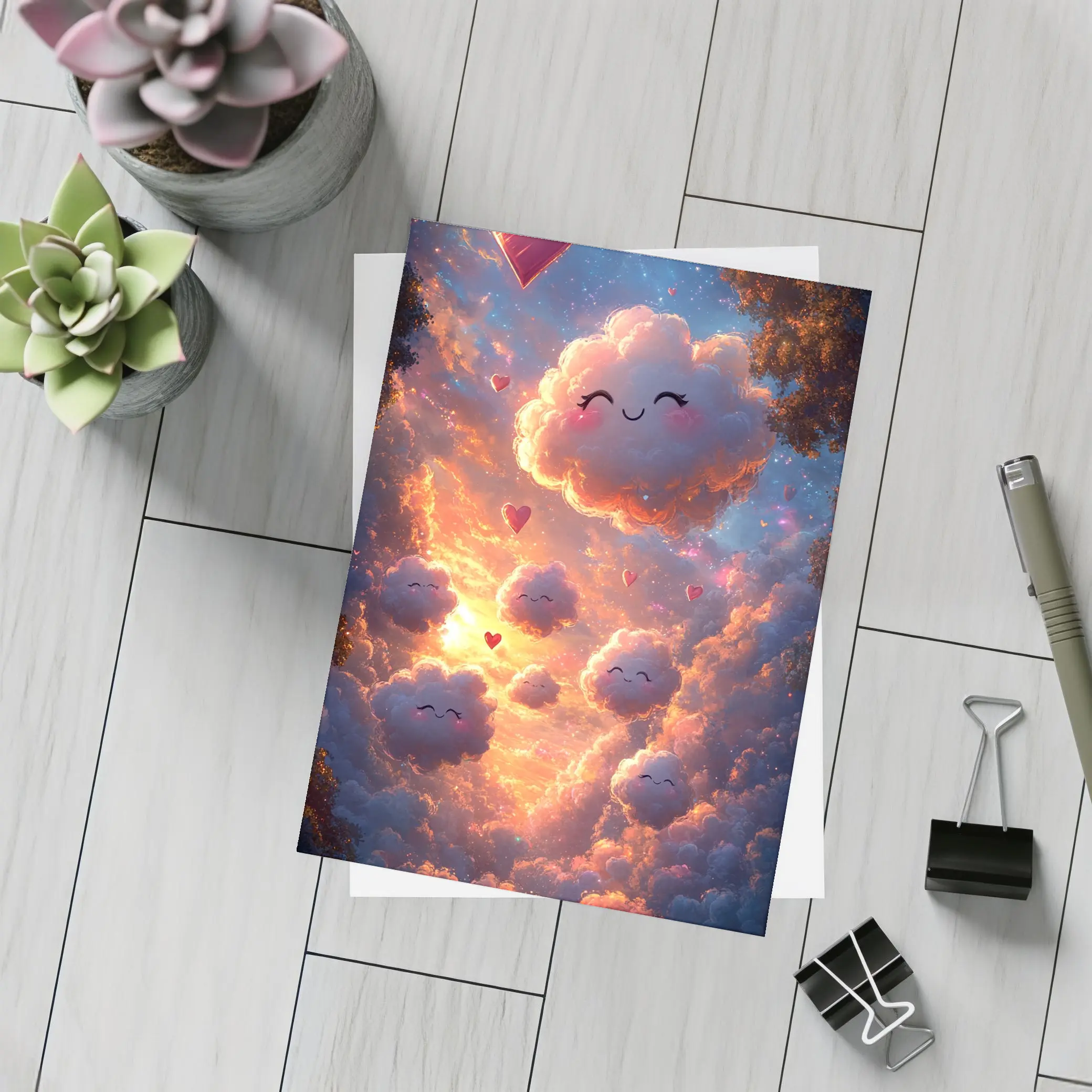 Cute Smiling Clouds Hearts Sunset Sky – Postcards