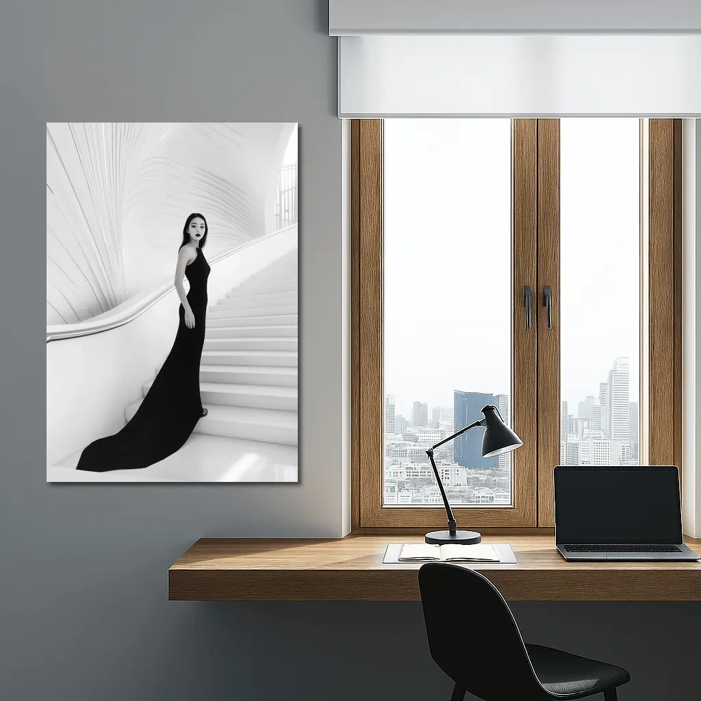 Woman Black Gown White Architectural Staircase – Wall Art