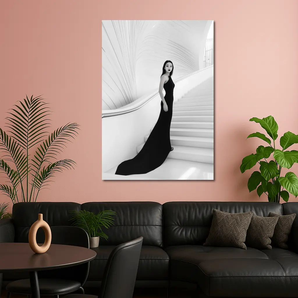 Woman Black Gown White Architectural Staircase – Wall Art
