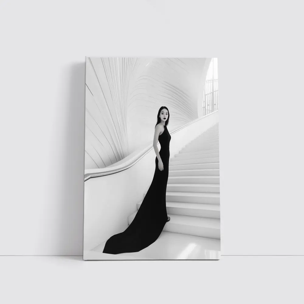 Woman Black Gown White Architectural Staircase – Wall Art