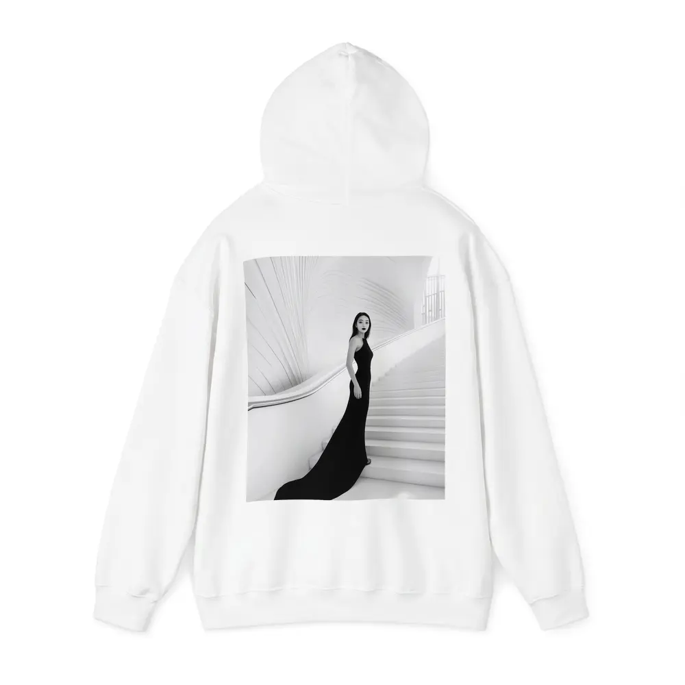 Woman Black Gown White Architectural Staircase – Hoodies