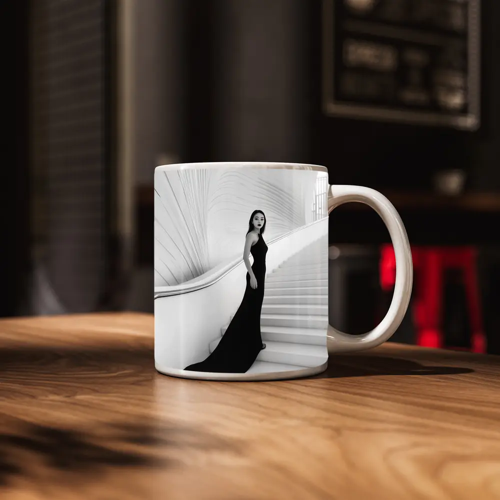 Woman Black Gown White Architectural Staircase – Mugs