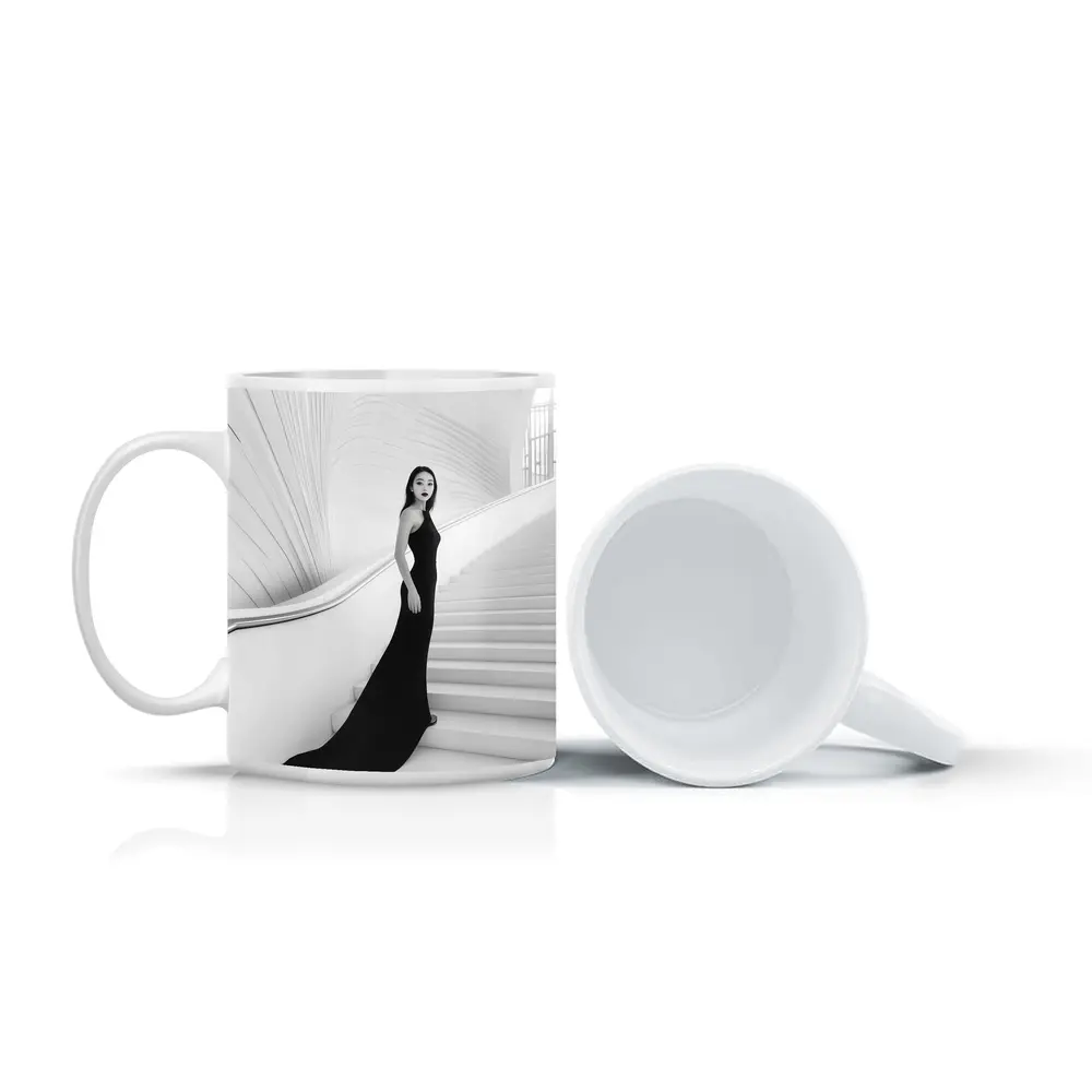 Woman Black Gown White Architectural Staircase – Mugs