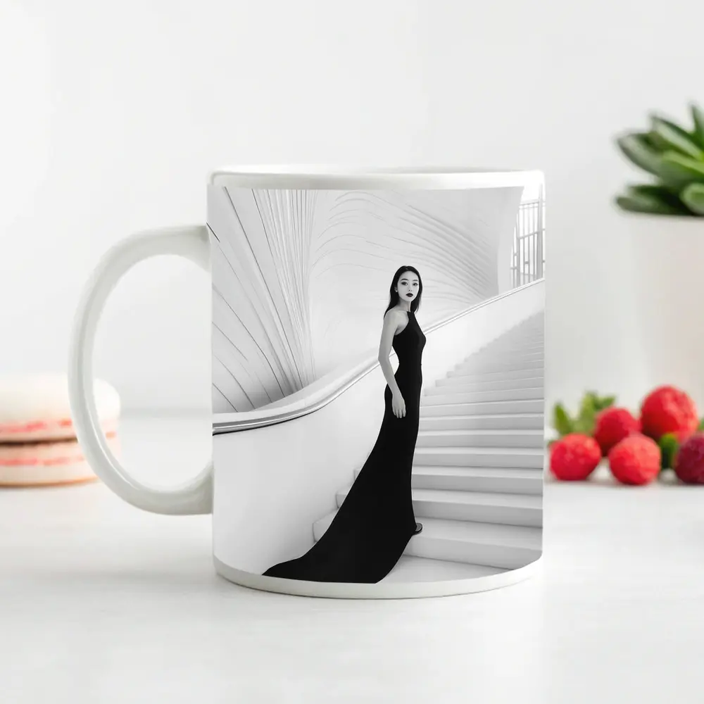 Woman Black Gown White Architectural Staircase – Mugs