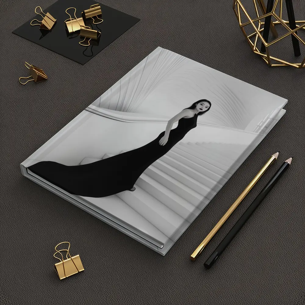 Woman Black Gown White Architectural Staircase – Notebooks