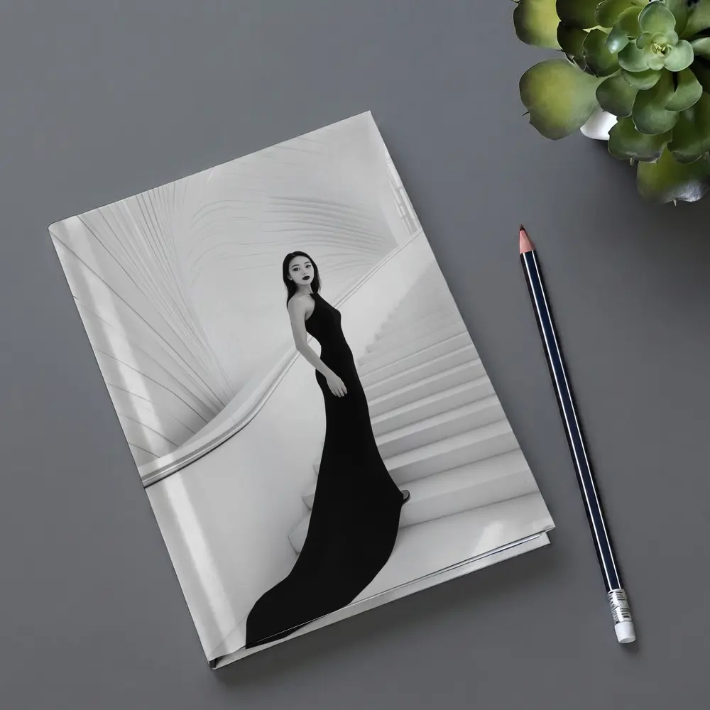 Woman Black Gown White Architectural Staircase – Notebooks