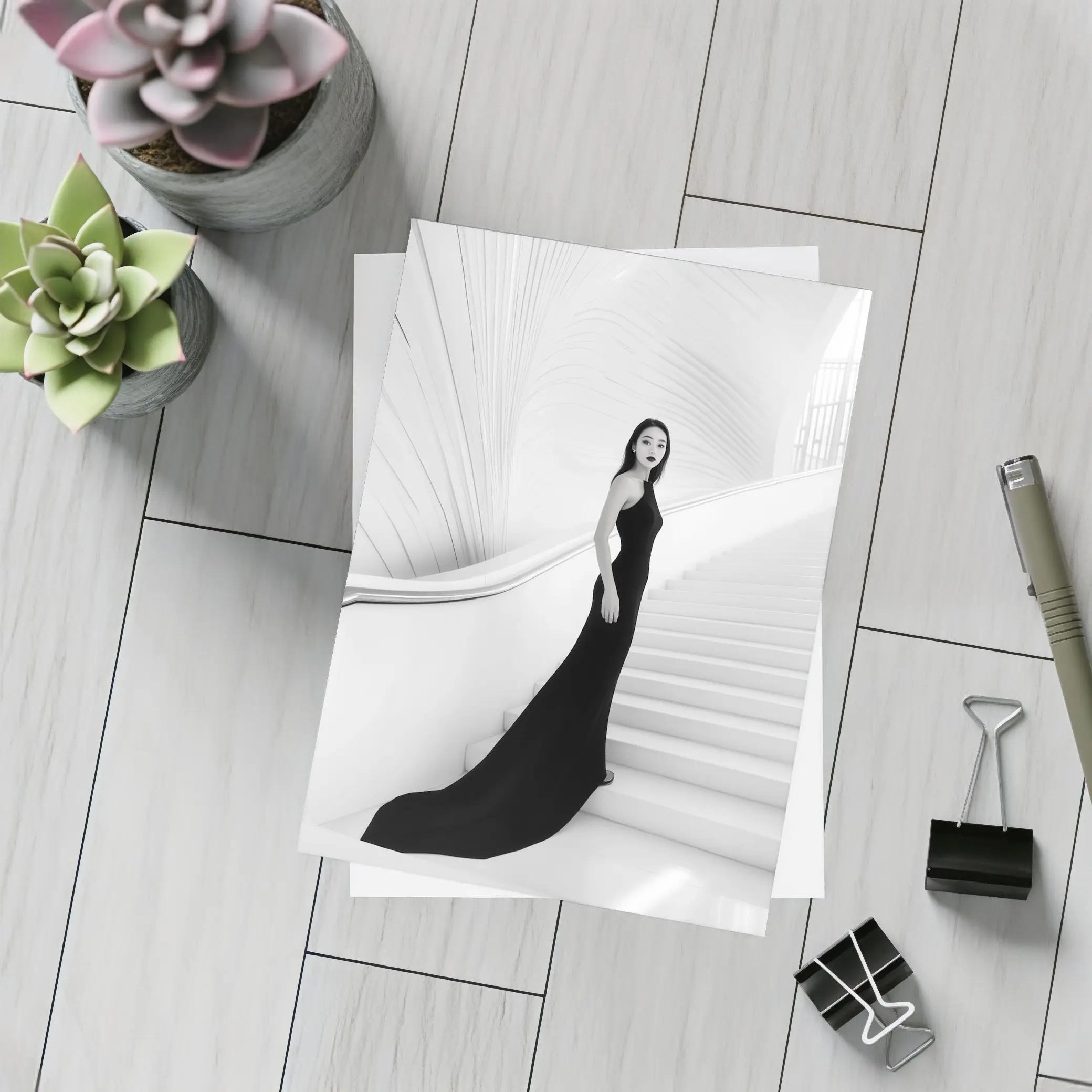 Woman Black Gown White Architectural Staircase – Postcards