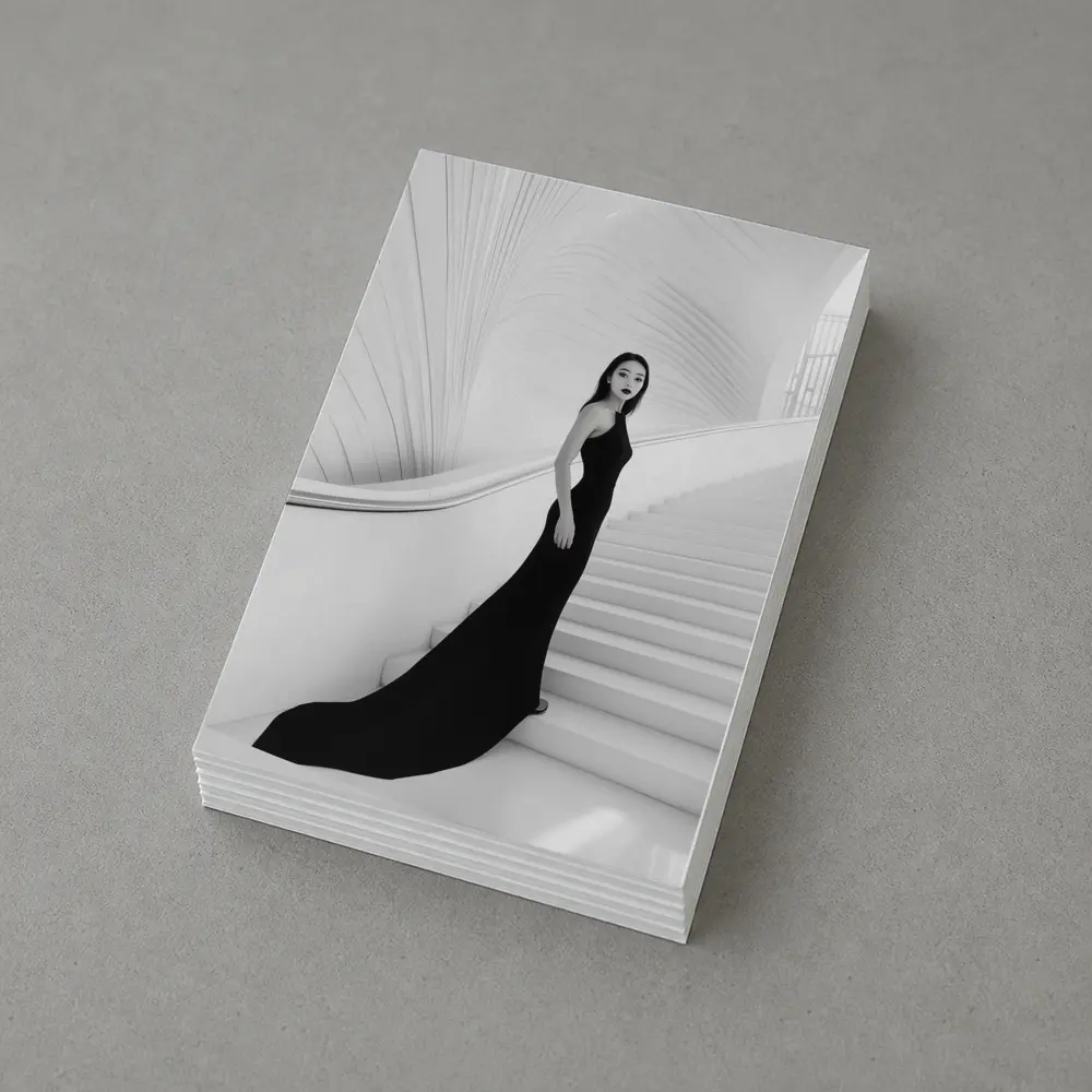 Woman Black Gown White Architectural Staircase – Postcards