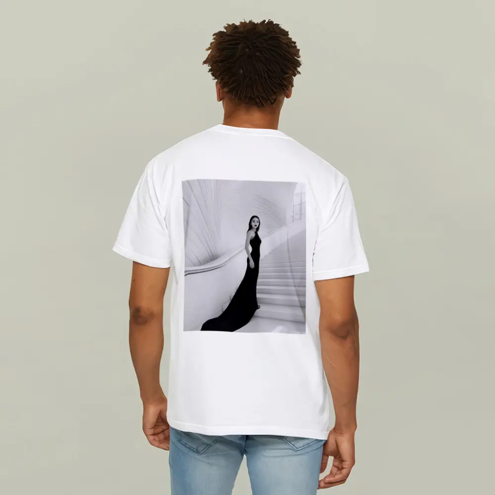 Woman Black Gown White Architectural Staircase – T-Shirts