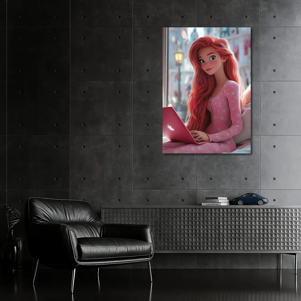 Red Hair Girl Pink Laptop Cartoon Art – Wall Art