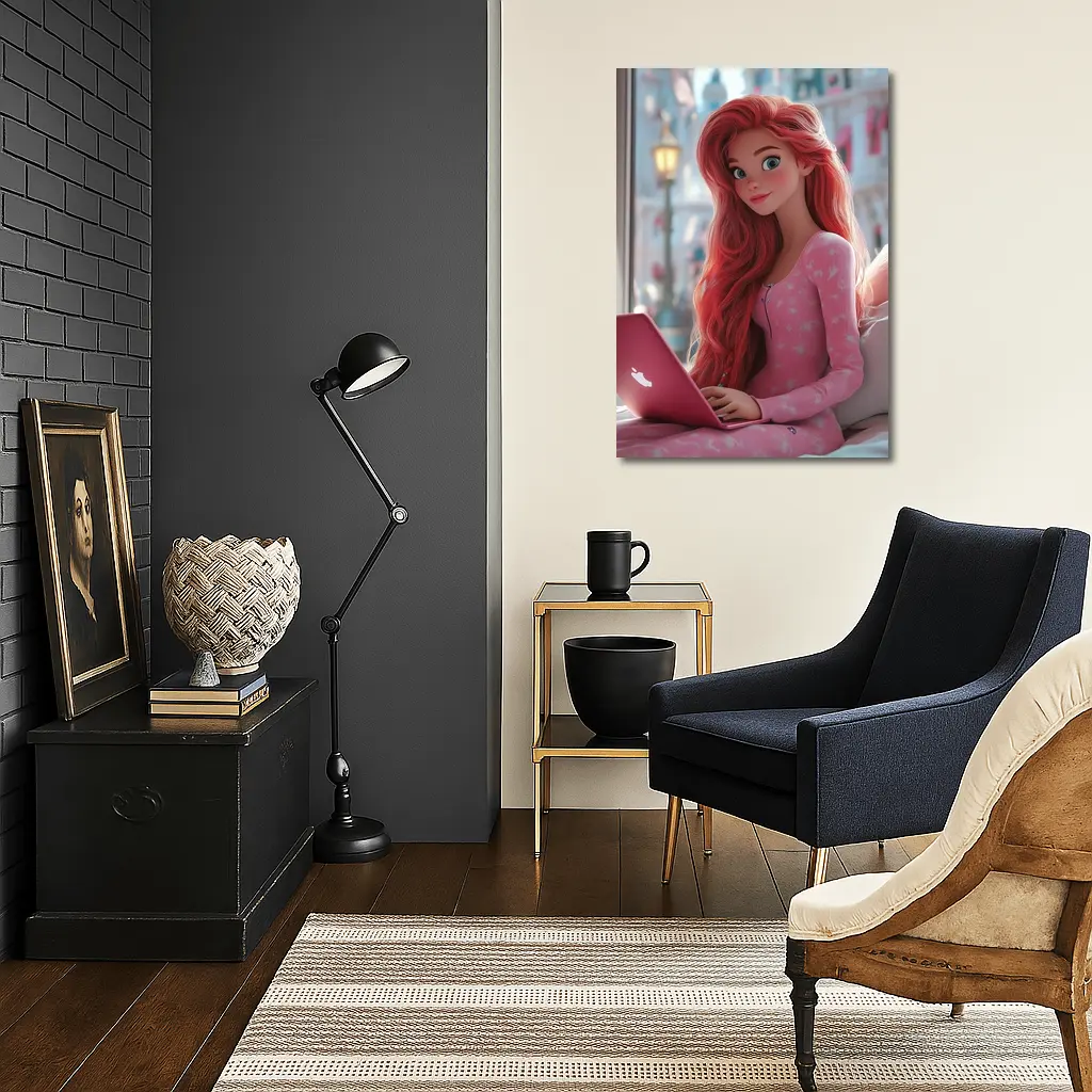 Red Hair Girl Pink Laptop Cartoon Art – Wall Art