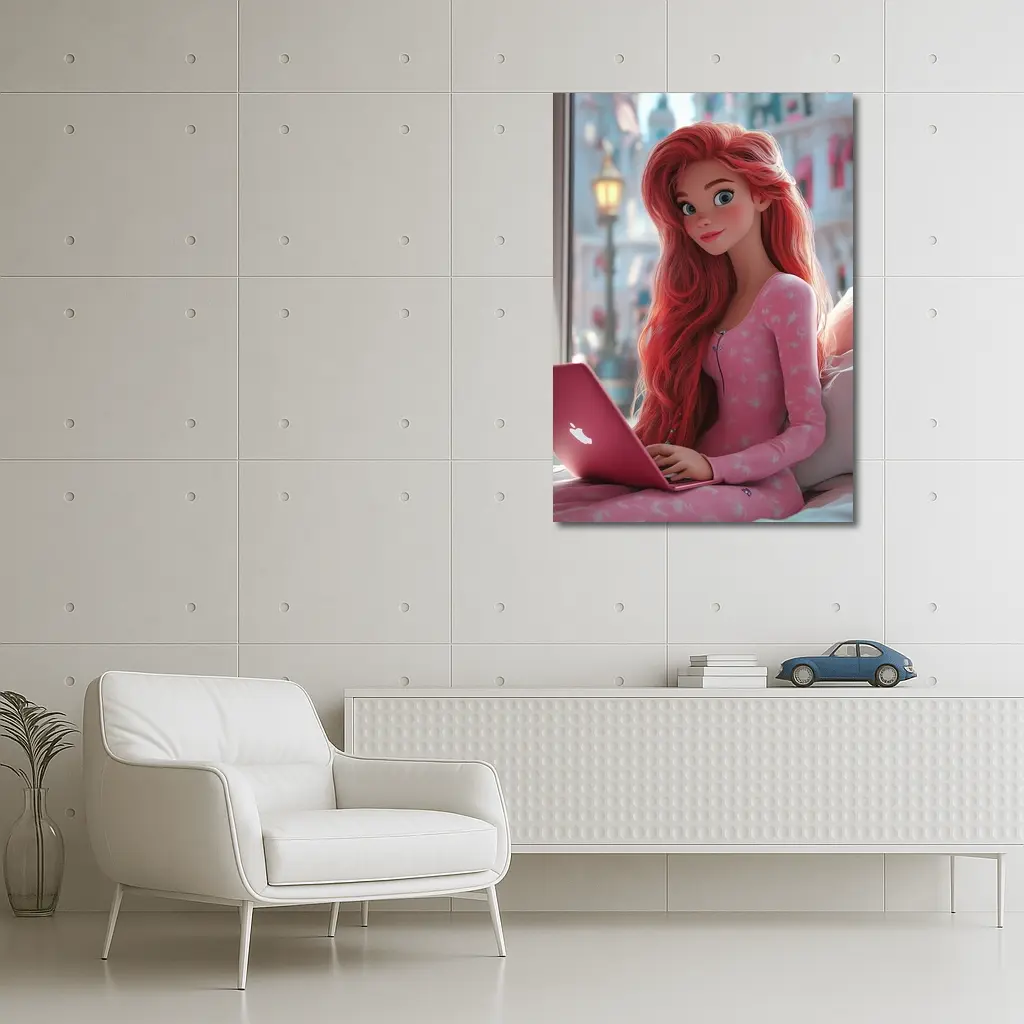 Red Hair Girl Pink Laptop Cartoon Art – Wall Art