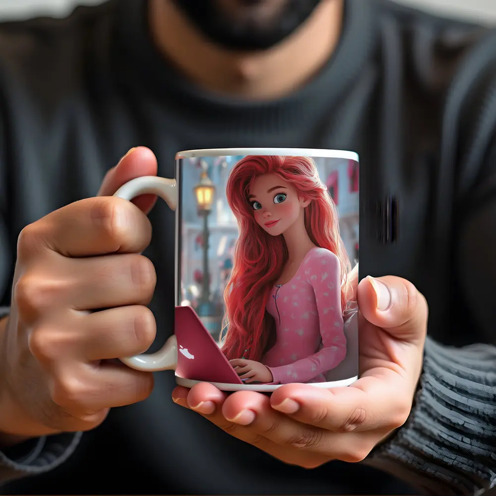 Red Hair Girl Pink Laptop Cartoon Art – Mugs
