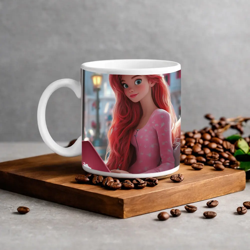 Red Hair Girl Pink Laptop Cartoon Art – Mugs