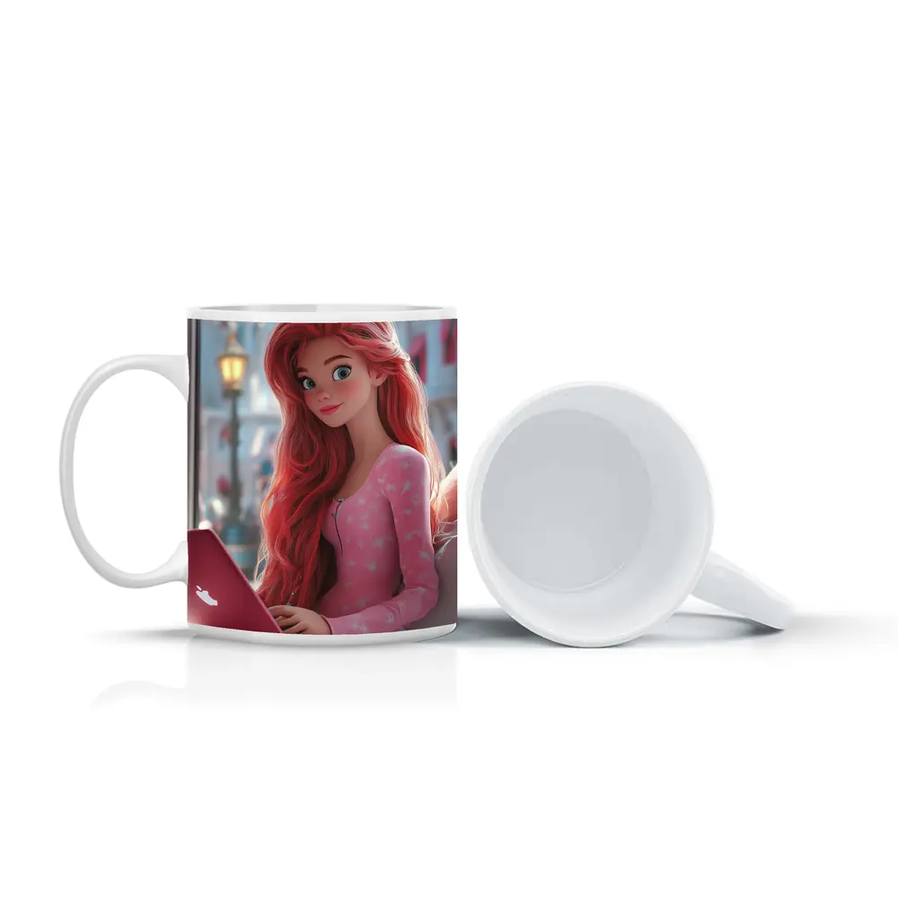 Red Hair Girl Pink Laptop Cartoon Art – Mugs