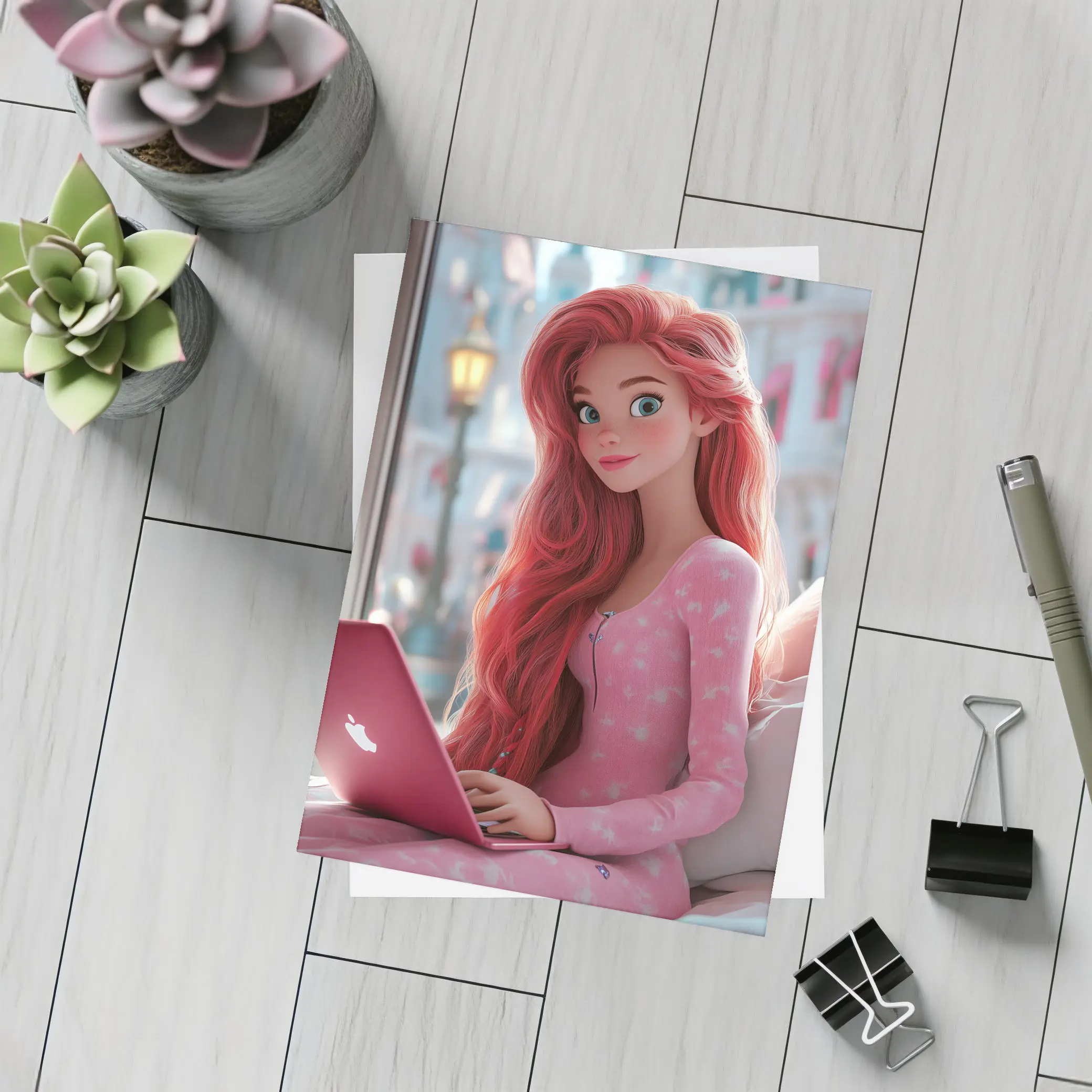 Red Hair Girl Pink Laptop Cartoon Art – Postcards