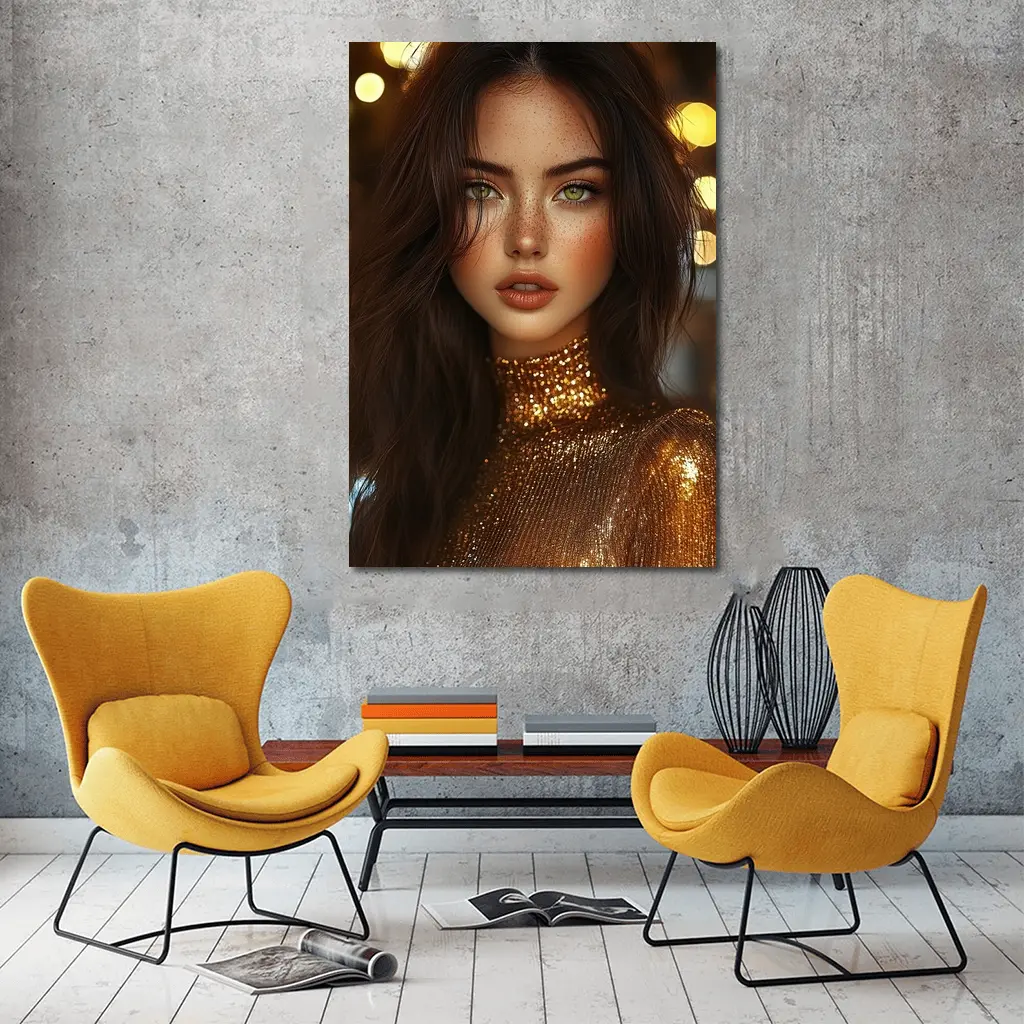 Green Eyed Woman Gold Sequin Bokeh Lights – Wall Art