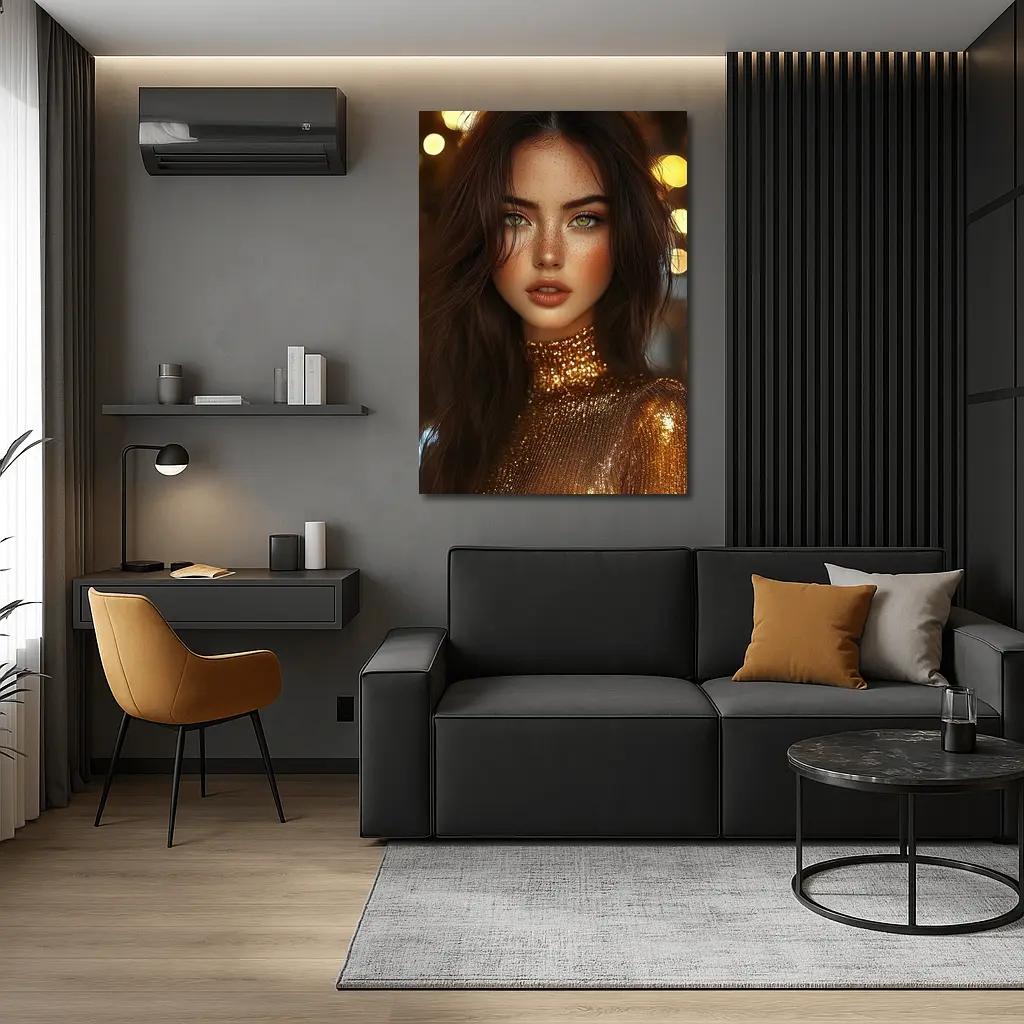 Green Eyed Woman Gold Sequin Bokeh Lights – Wall Art