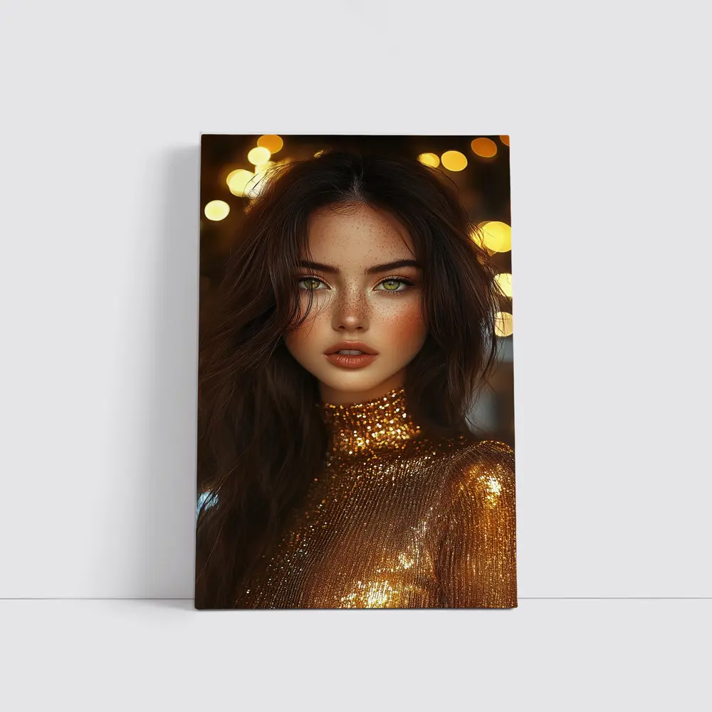 Green Eyed Woman Gold Sequin Bokeh Lights – Wall Art