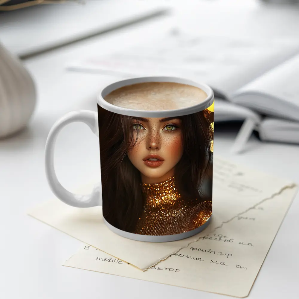 Green Eyed Woman Gold Sequin Bokeh Lights – Mugs